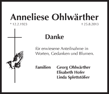 Traueranzeige von Anneliese Ohlwaerther von Pegnitz-Zeitung
